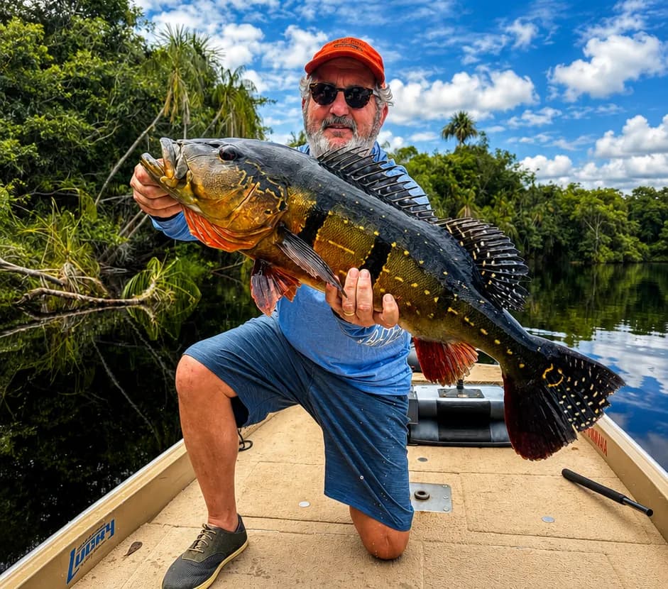 Guests and their guide celebrating a catch in the Amazon